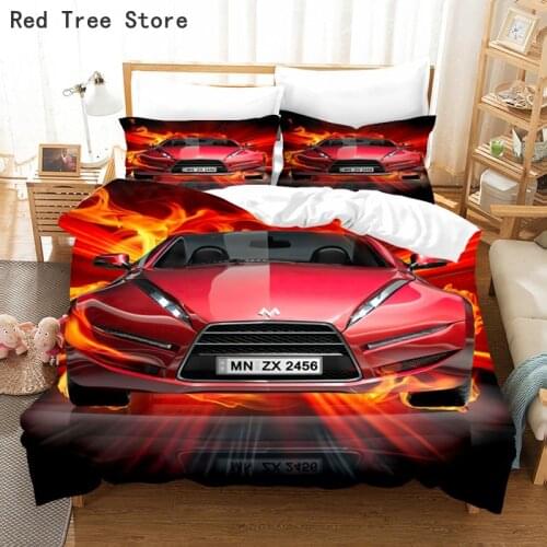 3D Racing Car Bedding Set Comforter Cartoon Fire Red Vehicle Design Home Texitle Custom Print Bed Linen Men Boy Kids Duvet Cover