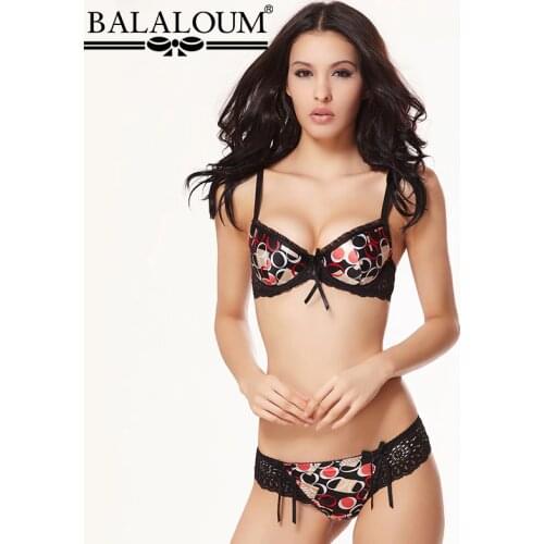 BALALOUM Women Lace Geometric Floral Print Bowknot Bra Brassiere and Panty Sets Female Lingerie Underwear Seamless T Back Thongs