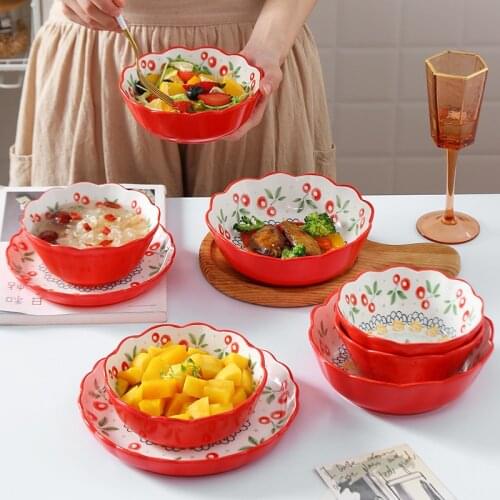 Creative Japanese Tableware Cute Ceramic Household Irregular Dishes Personalized Printing Can Heat Salad Bowl