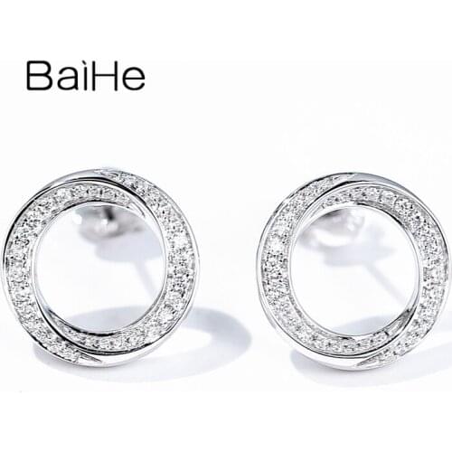 BAIHE Solid 14K White Gold 0.22ct H/SI-SI3 Round Natural Diamonds Earrings Trendy Fine Jewelry Round Stud Earrings For Women