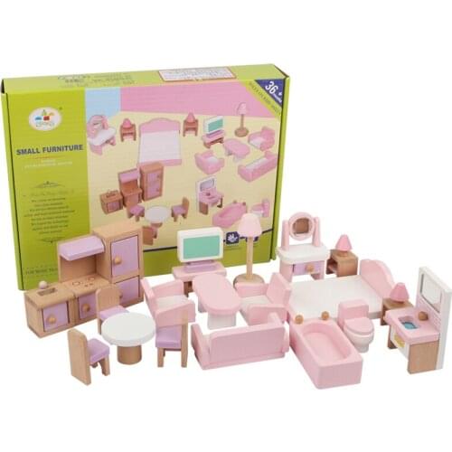 Miniature Dollhouse pink wooden furniture toy set Doll House Play house Toys for girls gift 22pcs