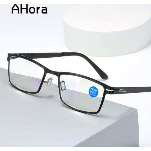 Ahora Square Metal Reading Presbyopia Glasses Men Anti Blue Light Blocking Computer Glasses Eyewear +1.0 1.5 2.0 2.5 3.0