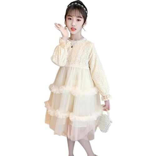 Teenage Girl Dresses Mesh Girls Dresses Lace Floral Dress Kids Spring Autumn Girl Costume 6 8 10 12 14