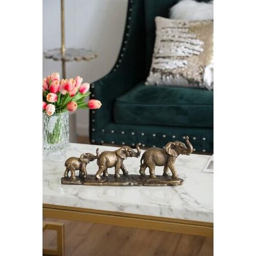 Powkhome European-style Antique Bronze Gold Elephant Family Statue Accessories Animal Figures Modern Art Resin Decora Craft Gift
