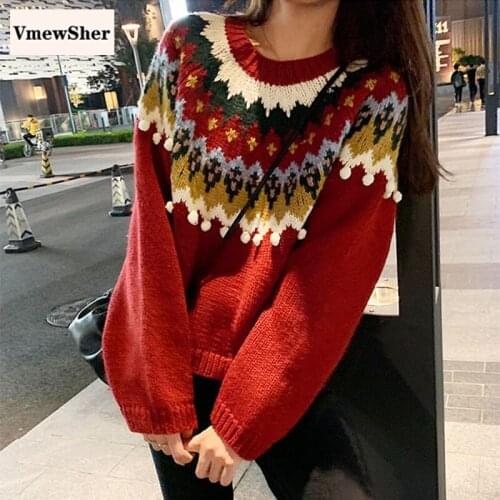 VmewSher New Christmas Jacquard Pullover O-neck Sweater Women Autumn Winter Fashion Loose Casual Knitted Warm Thick Tops