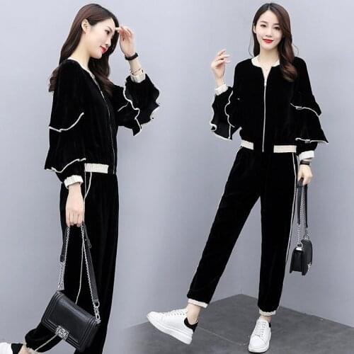 Plus Size Womens Two Piece Set Fashion Ruffle Long Sleeve Gold Velvet Shirt Jacket Loose Pants Ladies Leisure Tracksuit y1554