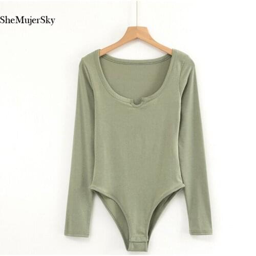 SheMujerSky Sexy U-neck Bodysuit Spring Autumn Slim Elastic Solid Color Jumpsuits 2020 Long Sleeve Bodysuits