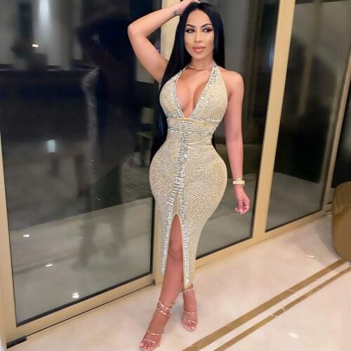 Rhinestone Night Club Evening Party Dress Women Halter V-neck Mesh Sheer Split Bodycon Midi Dress Elegant Backless Long Dresses