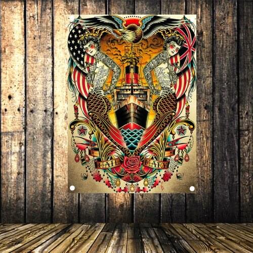 'Refuge' Vintage Banners Flag Canvas Painting American Neo Traditional Tattoo Gun Art Poster Tapestry 4 Gromments in Corners