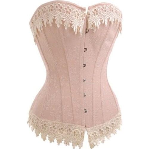 Jacquard Pink Lace Up Boned Overbust Corset And Bustier Lace Up Basque Shapewear Plus size S-6XL