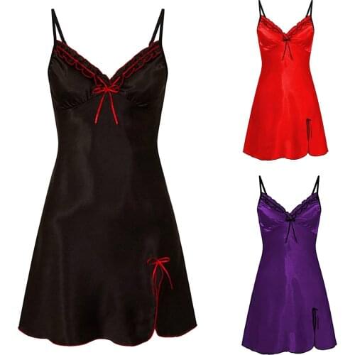 Women Sexy Long Silk Satin V-neck Sleepwear Lace Robe Dress Babydoll Chemises Lingerie Nightie Nightdress Chemise Nightgown