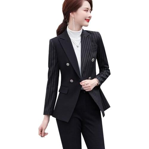 New Arrival Fashion Black White Striped Ladies Pant Suit Formal Women Female Office Work Jacket and Trouser 2 Piece Set Blazer