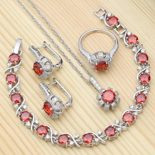 Silver 925 Jewelry Sets For Women Accessories Red Cubic Zirconia White Crystal Ring/Bracelet/Necklace/Pendant/Stud Earrings