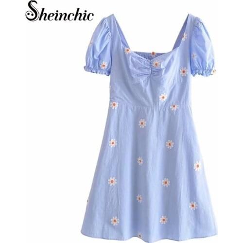 Women Elegant Blue Floral Print Cotton Dress Summer Vintage Puff Sleeve Knee-length Casual Office Beach Dress Vestidos