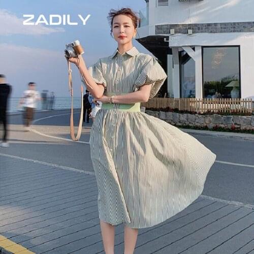 Zadily Striped Short Puff Sleeve Shirt Dress Women Office Lady Ladies Mid Work Dresses 2021 Summer Pluse Size Robe Clothing