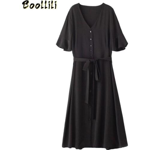 Boollili Real Silk Dress Women Summer Dress Korean Fashion Black Midi Dress Elegant Vintage Party Dress Vestido Mujer