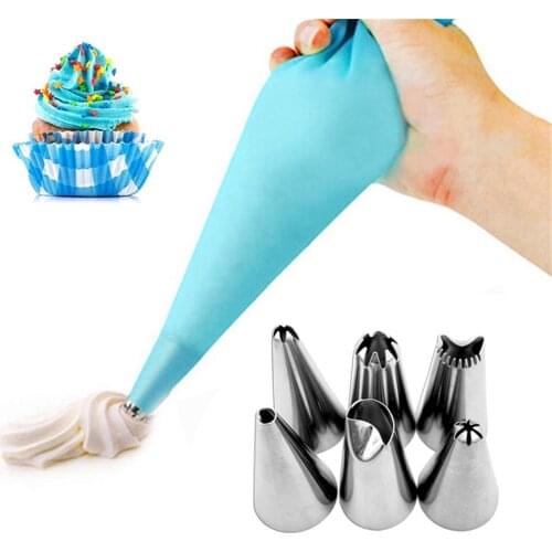 1pcs Silicone Reusable Pastry Bag 6 Pcs Cake Nozzle Set Bico De Confeitar Stainless Steel Cake DIY Decorating Safe Nozzle Bag
