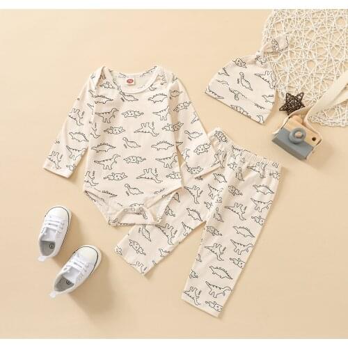 Toddler Baby Boys Girls Cotton 3pcs Causal Clothes For Home Wear Kids Cartoon Dinosaur Printed Long Sleeve Romper+Trousers +Hat