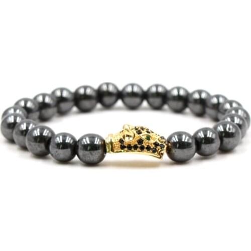 8mm chbt34 silver gold copper Leopard head micro pave cz zircon cubic zirconia Bracelet hematite bead Buddha Yoga Bangles