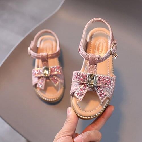 Kids Sandals Summer Bow Crystal Bling Princess Shoes Toddler Infant Kids Baby Girls Open Toe Hollow Hook Loop Shoes Sandals