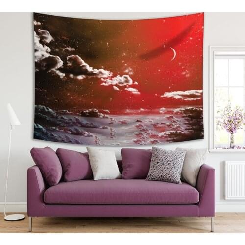 Tapestry Crescent and Shining Stars in the Cloudy Sky Moonlight Reflection on Clouds Dreamy Scene Digital Art Green Gray Red