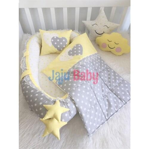 Jaju Babynest Gray Star Yellow Combined Luxury Orthopedic Babynest Set Baby Bed, Mothers Side