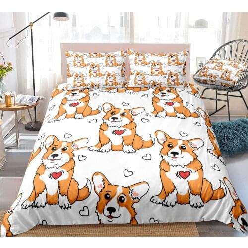Cartoon Dogs Bedding Kids Boys Girls Cute Corgi Dogs Duvet Cover Set Red White Hearts Quilt Cover Pet Queen Bed Set Dog Dropship