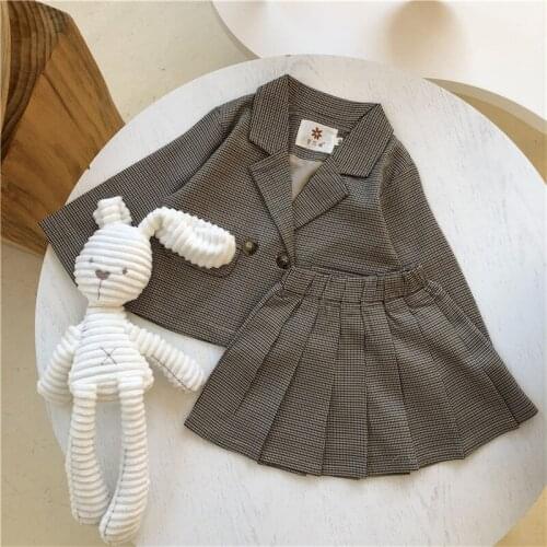 2021 Spring Autumn New Arrival 2pc Party Outfit Kids Girls Clothing Sets Fashion Plaid Blazer Coat+Pleated Skirt Childrens Sets
