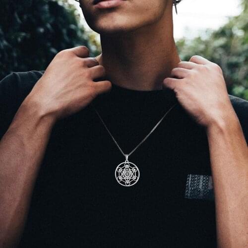 Metatrons Cube Talisman Archangel Pendant Necklace for Men Stainless Steel Sacred Geometry Metatron Male Amulet Jewelry