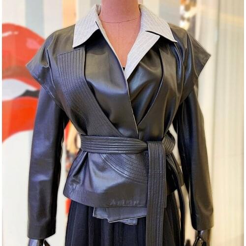 Maylofuer Women Slim Genuine Leather Sheepskin Coat Spring New Detachable Two Pieces Suit with Belt Black Color