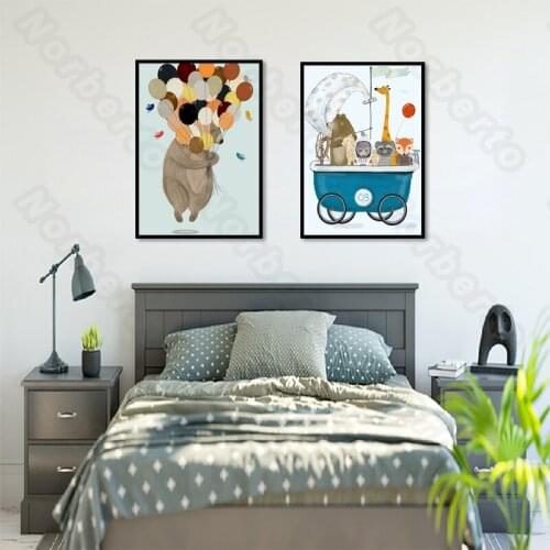 Cartoon Pictures Canvas Painting Wall Various Cute Animals Bears with Balloons Deer Fox Poster for Home Rooms Wall Decoration