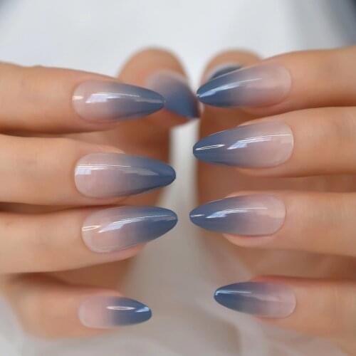Ombre French Tip Press On Nails Nude Blue Gel Full Cover Almond Fake Nails Medium Length Stiletto Artificial False Nail Set