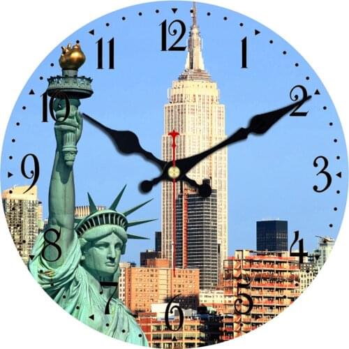 New York Symbol Statue of Liberty Scenery Wooden Wall Clock Vintage Uk Flag Clocks Silent Antique Living Room Wall Watches