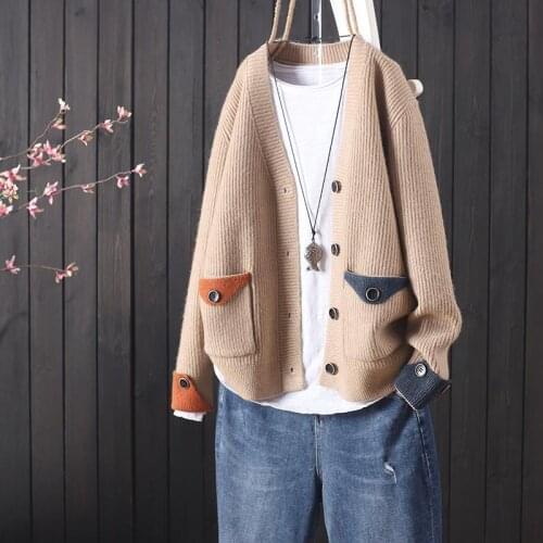 2021 autumn and winter new fashion long-sleeved V-neck cardigan womens outer wear knit sweater all-match blouse loose jacket