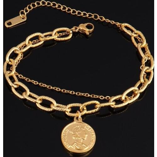 Punk Charm Bracelet Stainless Steel Bracelet For Women Multilayer Bracelet Coin Bracelet Pendant Thick Chain Bracelet Jewelry