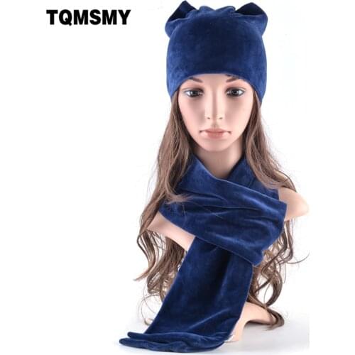 TQMSMY Soft velvet hat Scarf for womens winter hats Lovely girls beanies Ladies Cat ears bone casual cap 2 Pieces Hat Scarf set
