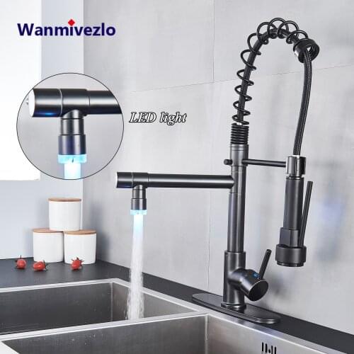 LED Black Bronze Kitchen Faucet Spring Pull Down Dual Spray Spout Kitchen Mixer Tap Deck Mounted Kitchen Single Handle Faucet