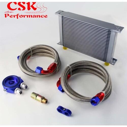 25 Row 248mm AN10 Universal Engine Transmission Oil Cooler British Type + Aluminum Filter Hose End Kit Blue