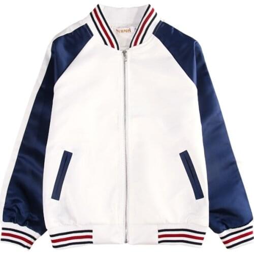 PERHAPS U Women Outwear Bomber Jacket Zipper Pocket Sport Side-Stripe White Blue C0002