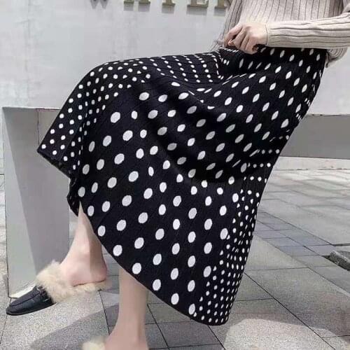 Vintage 2019 Autumn Winter Top Womens Woolen Big Swing Midi Skirt Fashion Classical Polka Dot Skirt Sexy Outside Slim Warm