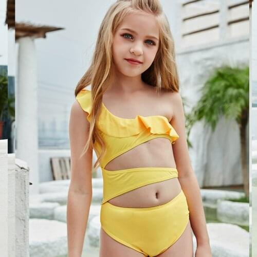 3-15Y Girl Yellow Tankini Kids One-Piece Swimwear Big Girl Swimsuit Baby Child Bathing Suit Summer Girls One Shoulder Beachwear