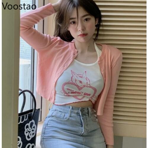 Spring Autumn Women Sweet Lolita Style Knitted Cardigan Halter Tank Tops Girly Harajuku Camisole Sexy Rabbit Pattern Crop Tops