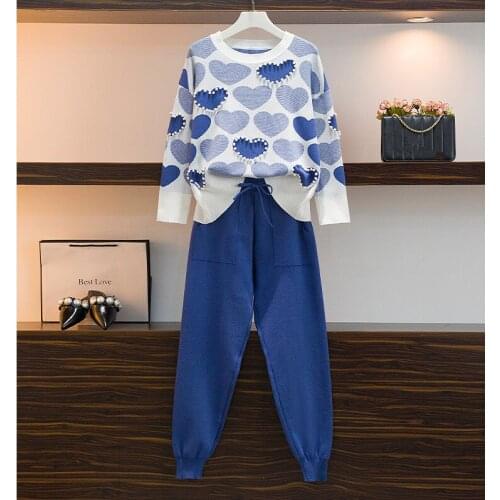Runway Women Autumn Knitted Tracksuit 2PCS Love Beading Pullovers Tops + Lace-up Harem Pants Two Piece Set Knit Outfits Suits