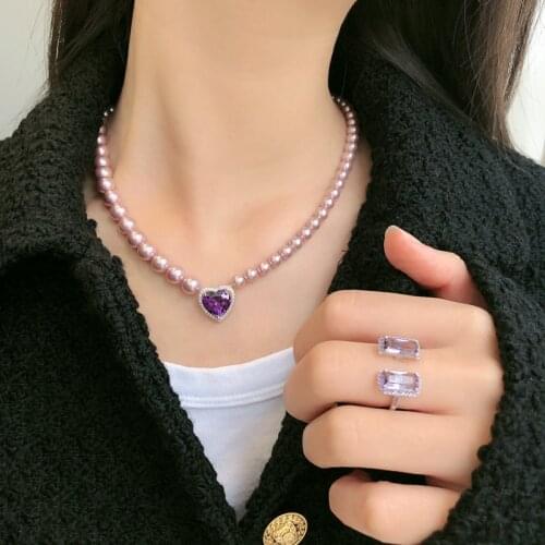 Silvology 925 Sterling Silver Purple Pearl Zircon Heart Necklace Celebrity Luxury Pendant Necklace for Women Christmas Jewelry