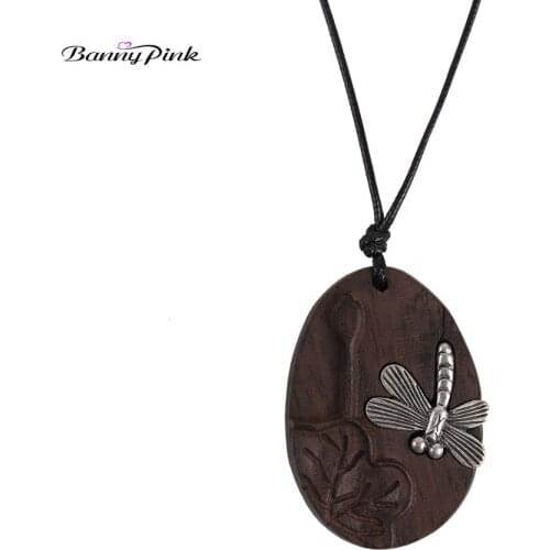 Banny Pink Element National Lotus Dragonfly Pendant Necklace For Women Vintage Big Oval Wood Dangle Black Rope Chain Necklace