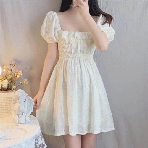 Womens Chiffon Dress Little Daisy Dress Bubble Sleeve Skirts Waist Skirt with Square Neck d88