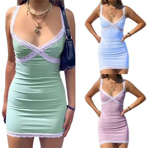 2021 Fashion Trend Womens Solid Color Lace Trim Mini Dress Sling Sleeveless V Neck Bodycon One Pieces Mini Summer Dresses