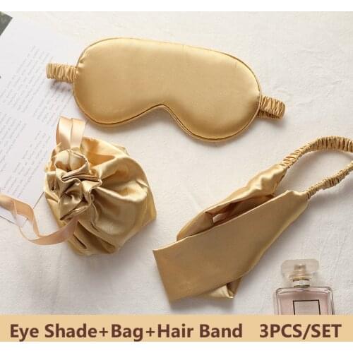 3PCS/ Set Women Imitated Silk Sleep Eye Mask Portable Travel Eyepatch Rest Blindfold Eye Cover Storage Bag Hair Band Gift Set