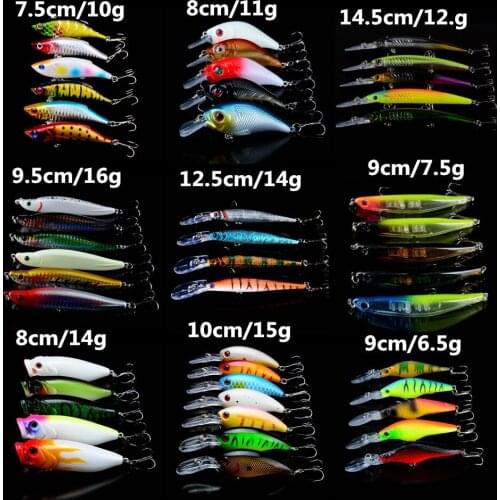 48pcs/lot Fishing Lures Minnow/Crank lure Popper Bait Mixed Artificial Qulaity Professional Bass Crankbait Wobblers Fishing Bait