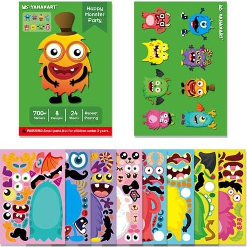 8PC Sheets Puzzle Games Kids DIY Stickers Funny Make A Face Animal Monsters Cartoon Craft Sticker Training Education Toys